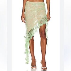 Revolve Loba Teresa Midi Skirt Green lace jellyfish ruffle hem M nwot